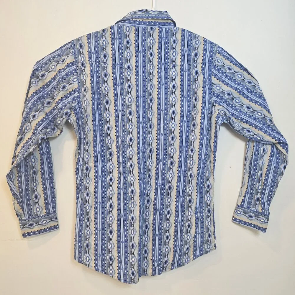 Wrangler Western Pearl Snap Shirt Mens XXL Blue Aztec Pattern Cowboy Western
